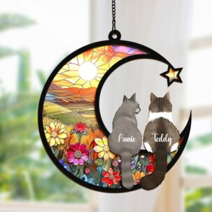 Custom Cat Memorial Suncatcher, Engraved Cat Lovers, Couple Cat On Moon Loss of Pet Sympathy Gift, Gift for Cat Lovers, Cat Memorial Gift